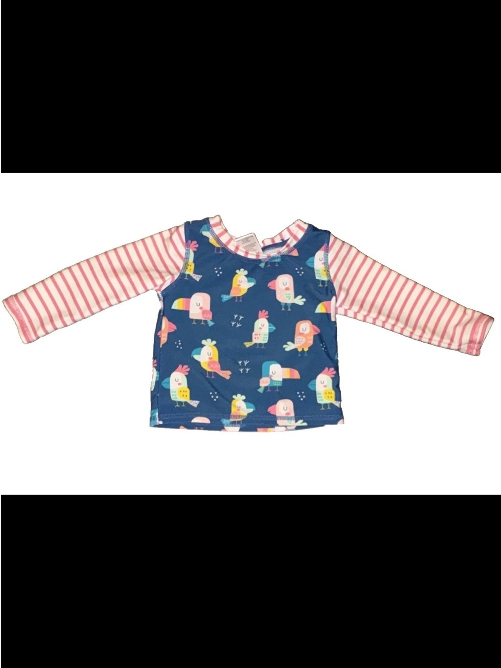 Ruffle Butts Navy Bird Print Long-Sleeve Rashguard with Pink Stripes